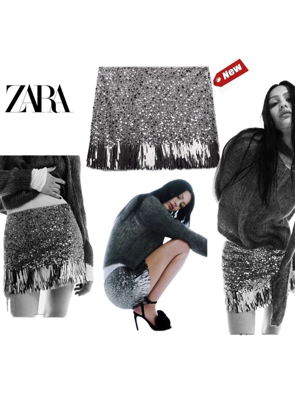 Zara metallic silver sequin mini skirt Sz L NWT